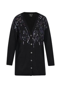 Schwarze Strickjacke mit tiefem V-Ausschnitt und Knopfverschluss. Verziert mit mehrfarbigen Pailletten in einem kaskadierenden Muster an den Schultern.