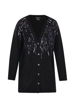 Schwarze Strickjacke mit tiefem V-Ausschnitt und Knopfverschluss. Verziert mit mehrfarbigen Pailletten in einem kaskadierenden Muster an den Schultern.