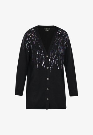 Černý pletený kardigan s hlubokým výstřihem do V a zapínáním na knoflíky. Ozdobený vícebarevnými flitry v kaskádovém vzoru na ramenou.