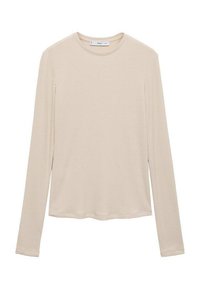 Langärmliges Oberteil aus hellbeigem Rippstoff. Hat einen Rundhalsausschnitt und eine lockere Passform. Das Material weist eine subtile Textur auf.