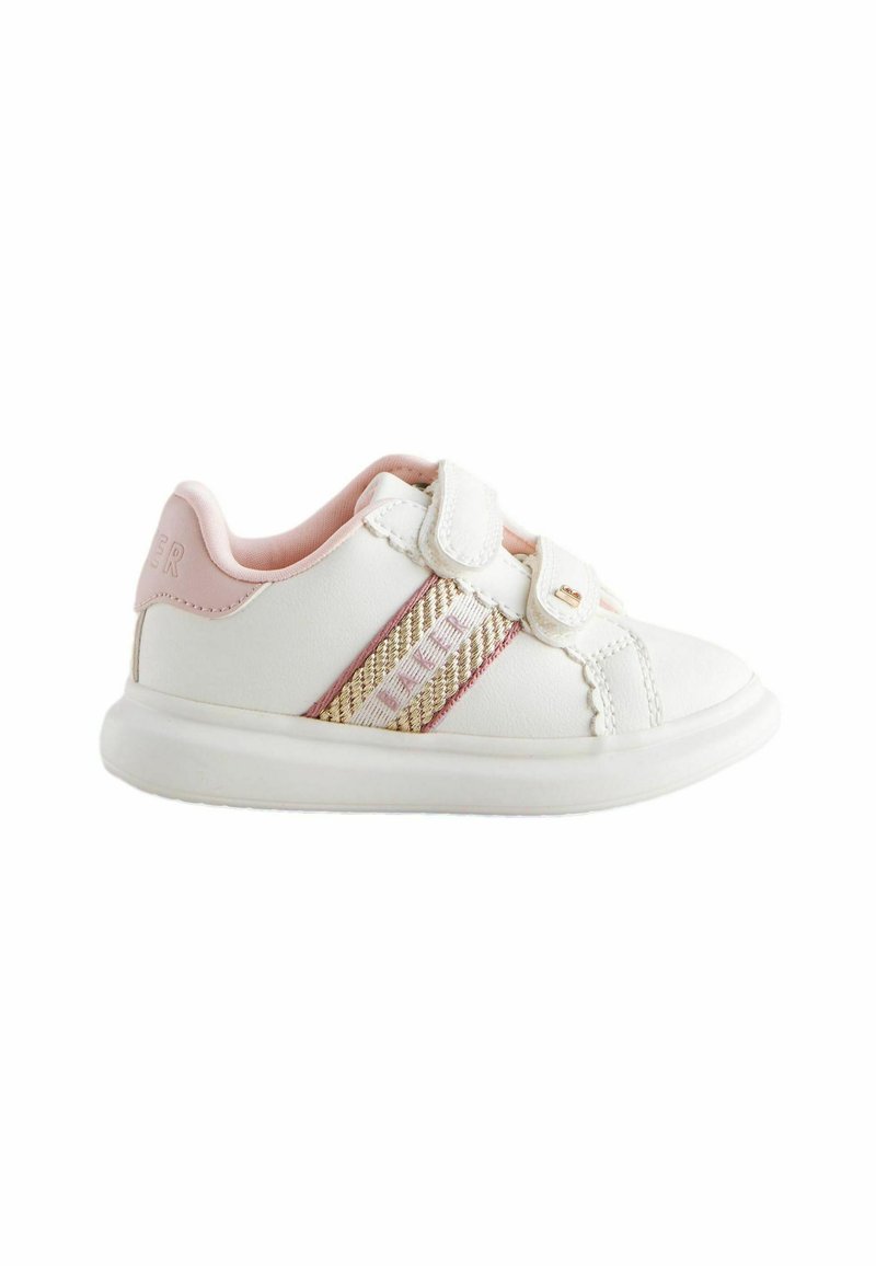 Weiße Leder-Sneaker mit rosa Akzenten, Klettverschluss und metallischen Streifen auf der Seite. Abgerundete Zehe und gepolsterte Sohle.