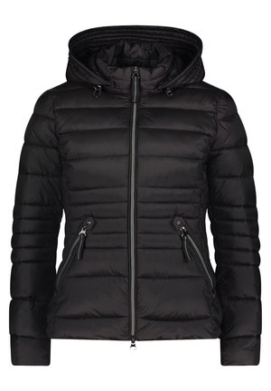 Black puffer jacket with a hood, featuring horizontal quilted lines and two front zippered pockets. Smooth, shiny fabric with adjustable drawstrings.