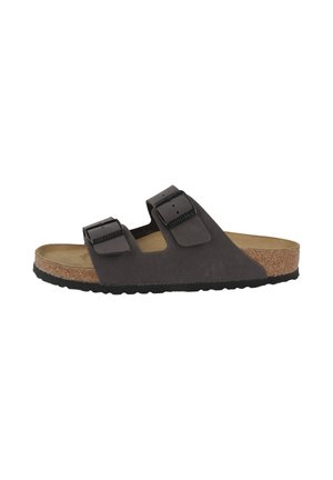 Dark gray suede sandal with two adjustable buckled straps, contoured cork footbed, and black textured rubber sole.