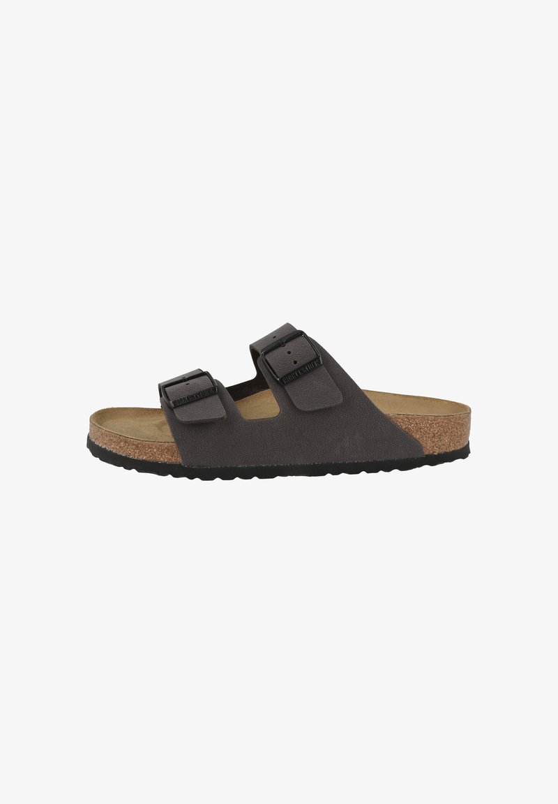 Dark gray suede sandal with two adjustable buckled straps, contoured cork footbed, and black textured rubber sole.