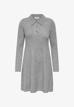 Abito grigio lavorato a maglia con scollatura a colletto, maniche lunghe e orlo svasato. Presenta tre bottoni al collo per la chiusura.