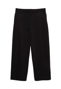 Schwarze, locker sitzende Hosen aus weichem Stoff, mit einem Kordelzugbund und Seitentaschen. Knöchellang mit glatter Textur.