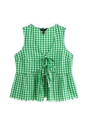 Green and white gingham sleeveless top with a v-neck, tie front detail, flared waist, and scalloped hem. Made of lightweight fabric.