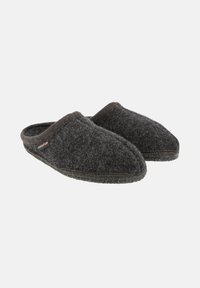 Mørkegrå uldfilt slippers med lukket hæl, rund tå og kontrastsyninger langs kanterne. Fleeceforet inderside for varme.