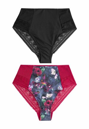 Højtaljede trusser: sorte med blonder og en blomsterpræget mulighed i rød og lilla, med blonderkanter og glat stof.