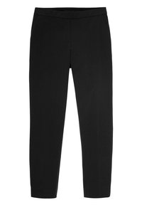 Zwarte broeken met een gestroomlijnd ontwerp, voorzien van twee zijzakken, een gladde stoftextuur en een op maat gemaakte pasvorm.