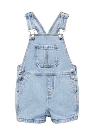 Salopette courte en denim bleu clair avec bretelles réglables, poche poitrine avant, boutons latéraux et deux poches à l'avant.