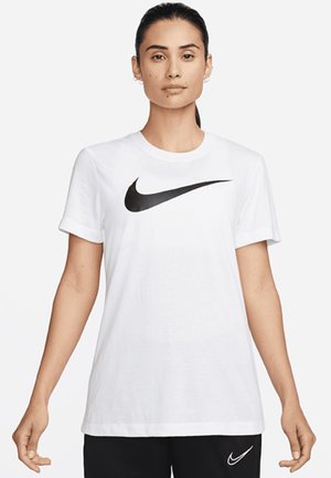 White cotton t-shirt with short sleeves featuring a prominent black Nike logo on the front. Smooth texture, classic round neckline.