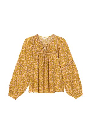 Blouse à manches longues jaune moutarde avec imprime floral rose, décolleté carré, détail à nouer et coupe ample et froncée.