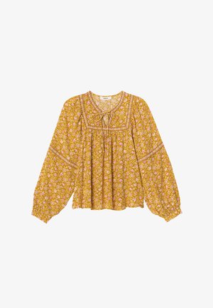 Blouse à manches longues jaune moutarde avec imprime floral rose, décolleté carré, détail à nouer et coupe ample et froncée.