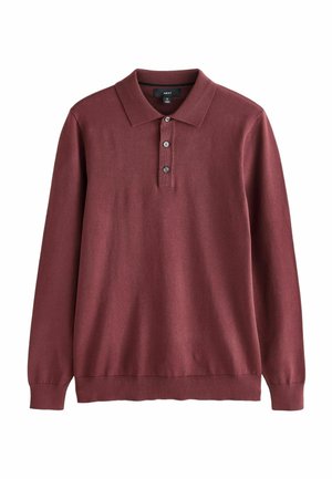Burgunderfarbener Longsleeve-Polo-Shirt, aus glattem Stoff gefertigt, mit einem gerippten Kragen, einer Knopfleiste mit drei Knöpfen und gerippten Bündchen.