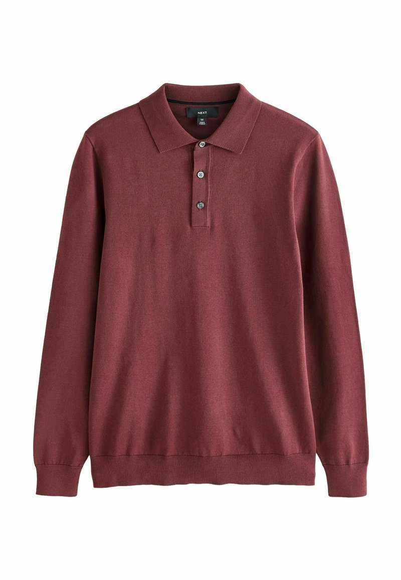 Burgundia pikkade varrukatega polo särk, valmistatud siledast kangast, ribitud krae, kolme nupuga nööpide ridade ja ribitud mansettidega.
