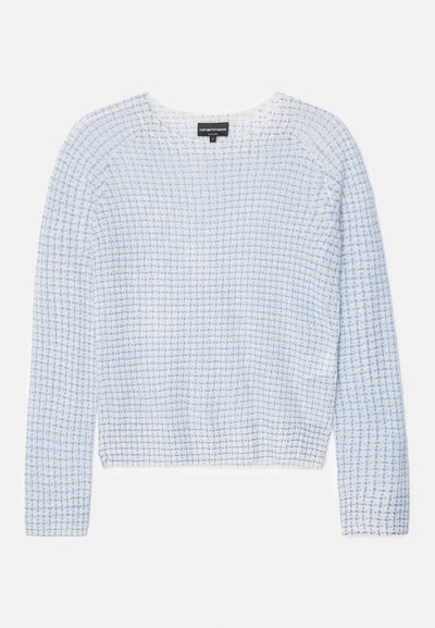 Maglione azzurro chiaro con un motivo a griglia testurizzato, scollo rotondo e maniche lunghe. Realizzato in tessuto morbido, presenta una lunghezza cropped.