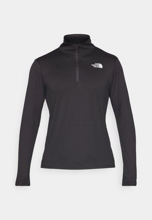 Black long-sleeve pullover with a quarter zip and high collar, made from lightweight fabric, featuring a white logo on the left chest.