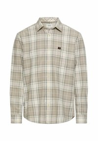 Beige ternet skjorte med lange ærmer, knappet krave og brystlomme. Har lysebrune og blå linjer, lavet af blødt stof.