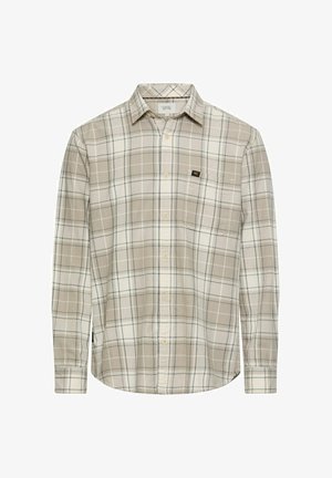 Beige ternet skjorte med lange ærmer, knappet krave og brystlomme. Har lysebrune og blå linjer, lavet af blødt stof.