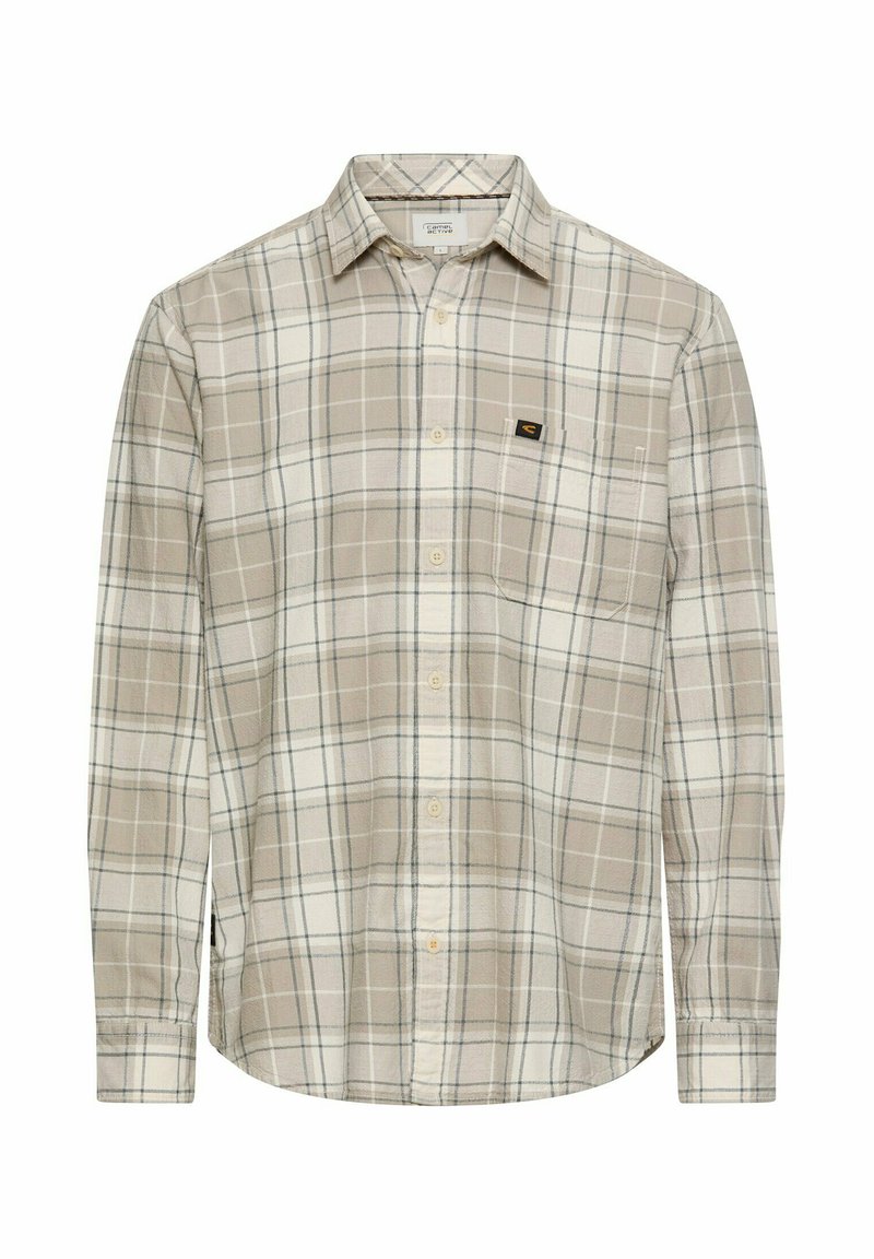 Beige ternet skjorte med lange ærmer, knappet krave og brystlomme. Har lysebrune og blå linjer, lavet af blødt stof.