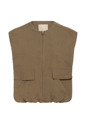 Gilet kaki senza maniche con collo a scialle, zip frontale, due grandi tasche a toppa e orlo elastico. Realizzato in tessuto leggero e strutturato.
