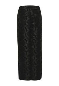 Jupe crayon imprimée serpent noire, longueur genoux, présentant une silhouette ajustée, des poches arrière et un tissu texturé pour plus de détails.