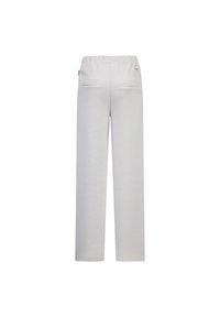 Witte, zachte stoffen broek met een relaxte pasvorm, voorzien van een elastische tailleband en twee achterzakken. Geen zichtbare patronen of accenten.
