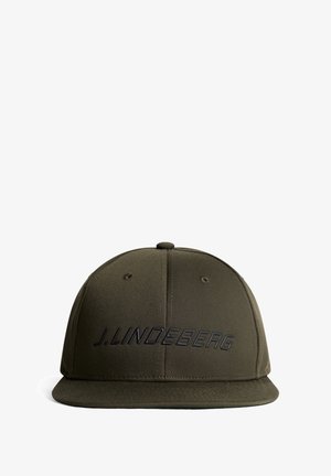Cappello verde oliva realizzato in tessuto, con visiera piatta e logo nero in rilievo "J.LINDEBERG" sul davanti. Design con corona schiacciata e fori di ventilazione.