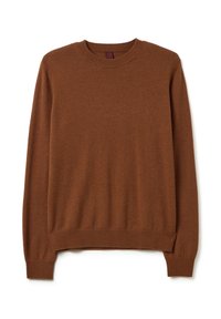 Brauner Langarm-Pullover mit Rundhalsausschnitt und gerippten Bündchen und Saum, flach auf einem weißen Hintergrund präsentiert.