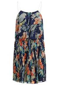 Robe bleu marine sans manches avec fines bretelles, jupe plissée et imprimé floral tropical lumineux en orange, jaune, blanc et vert.