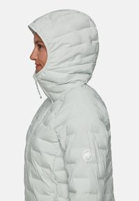 Giubbotto puffy grigio chiaro con cappuccio aderente, texture trapuntata, zip frontale e logo sulla manica, progettato per isolamento e calore.