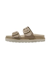 Beige velúr csúszós szandál, két állítható pánttal, négyzet alakú csatokkal. Vastag talp, érdes felülettel a tapadás érdekében. Könnyű kialakítás.