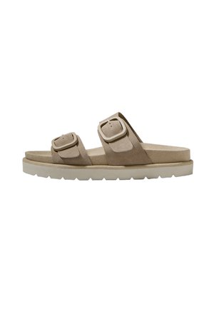 Sandal in suede beige con due cinturini regolabili con fibbie quadrate. Suola spessa con superficie testurizzata per una migliore aderenza. Design leggero.