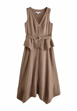 Hnedé midi šaty bez rukávov s výstrihom do V, jediným gombíkom, pripevneným opaskom s okrúhlou prackou a vrstveným peplum detailom v páse.