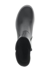 Schwarze Leder-Stiefelette mit glatter Oberfläche, seitlichem Reißverschluss und weicher Innenauskleidung. Abgerundete Zehen und strapazierfähige Sohle.