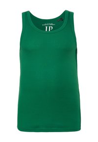 Zielony prążkowany top na ramiączkach z okrągłym dekoltem i bez rękawów, wykonany z miękkiej mieszanki bawełny o gładkiej fakturze.