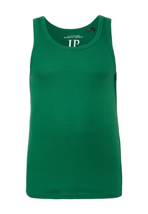 Grünes, geripptes Top mit Rundhalsausschnitt und ärmellosem Design, aus einem weichen Baumwollmischgewebe mit glatter Textur.