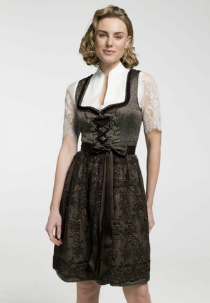 Brown traditional dress with a lace blouse, corset-style bodice, decorative lacing, and a satin ribbon belt. Features intricate floral patterns.