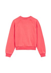 Koralo spalvos džemperis su apvaliu iškirpimu, raglanų rankovėmis ir guminiais rankogaliais. Minkšta medžiaga, apatinis kraštas elastinis. Lygus dizainas, be raštų ar akcentų.