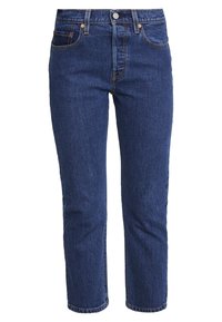 Jeans de mezclilla azul oscuro con corte recto, diseño de cinco bolsillos, costuras visibles y una textura ligeramente desgastada en la parte frontal.