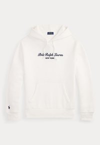 Λευκή μπλούζα με κουκούλα Polo Ralph Lauren με μπροστινή τσέπη, κορδόνια και ναυτικό λογότυπο "Polo Ralph Lauren New York" στο στήθος και μικρό λογότυπο στο μανίκι.
