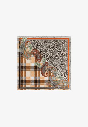 Silk scarf featuring a mix of leopard print, plaid patterns in orange and black, with paisley accents in green and red on the edges.