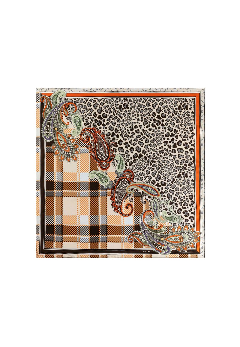 Silk scarf featuring a mix of leopard print, plaid patterns in orange and black, with paisley accents in green and red on the edges.