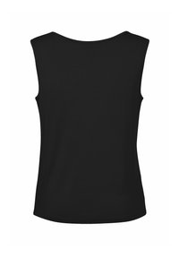 Black sleeveless top made of smooth fabric with a rounded neckline and curved hem. Simple design without patterns or embellishments.