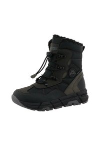 Botín de invierno negro aislante con parte superior de tela texturizada, cuello forrado de pelo, cierre con cordones y suela de goma resistente.