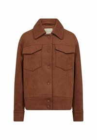 Veste en polaire marron avec un col, deux poches avant et fermeture à boutons. Elle présente une texture douce et un design court.