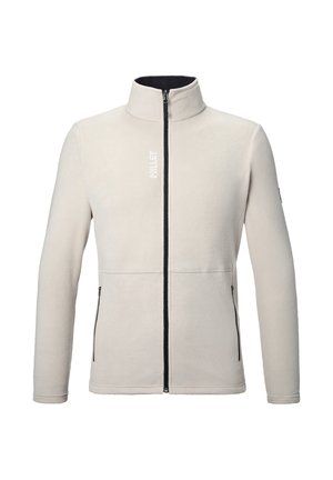 Veste polaire beige à fermeture éclair intégrale avec col montant, fermeture éclair noire, poches latérales zippées, et logo blanc "MILLET" sur la poitrine.