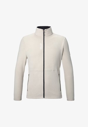 Veste polaire beige à fermeture éclair intégrale avec col montant, fermeture éclair noire, poches latérales zippées, et logo blanc "MILLET" sur la poitrine.