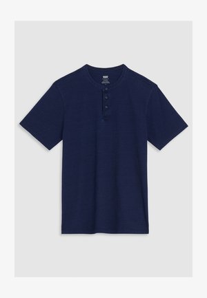 Navy blue short-sleeve henley shirt made of soft fabric, featuring a round neckline and three button placket. Smooth texture, simple design.